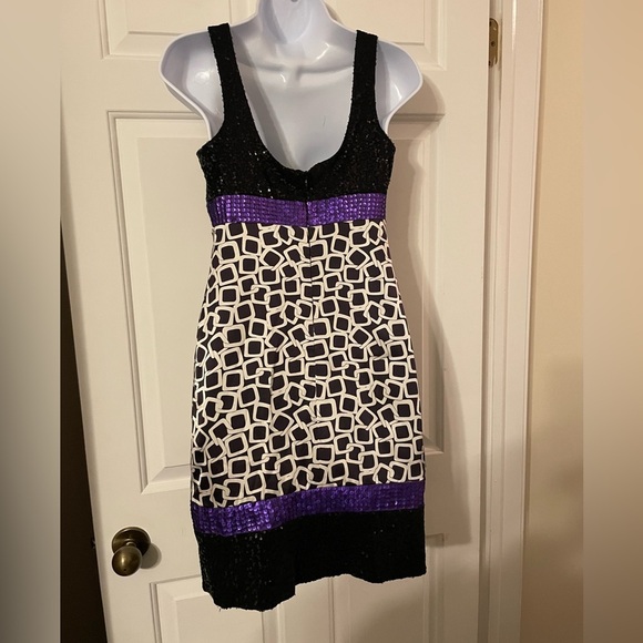 Kathryn Conover Cocktail Dress SZ 2 Black White Purple Sequin Satin Fit & Flare - Picture 6 of 7
